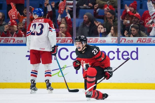 180104 Canada s Sam Steel rejoices after scoring 1 1 in ice hockey semifinal Canada pa between JVM and Czech Republic 4 January 2018 in Buffalo  Copyright: JOELxMARKLUND BB180104JM063