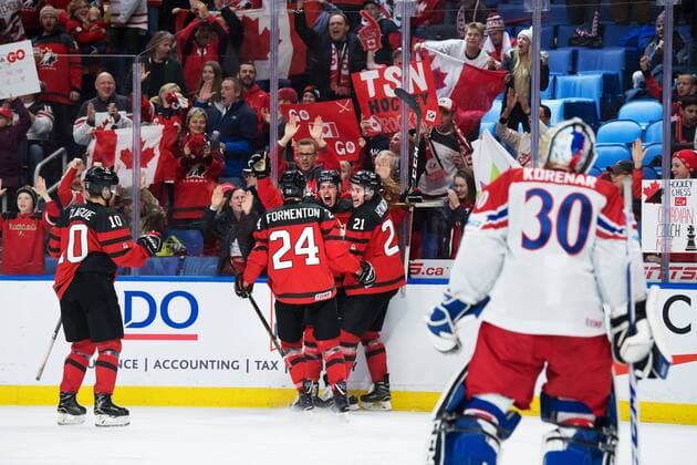 180104 Canada s Kale Clague Alex Shape tone Maxime Comtois and Wide Howden exults after 4 1 minced during ice hockey semifinal Canada pa between JVM and Czech Republic 4 January 2018 in Buffalo  Copyright: JOELxMARKLUND BB180104JM072