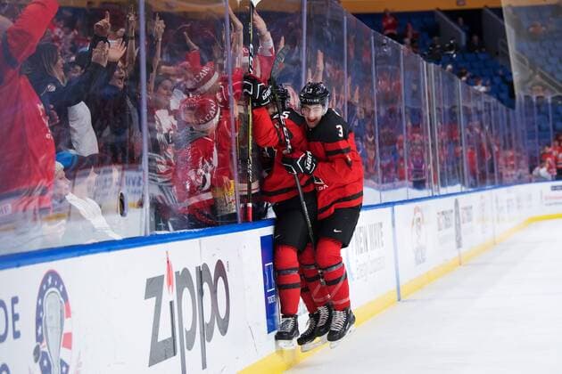 180104 Canada s Jordan Kyrou and Conor Timmins exults after 5 1 minced during ice hockey semifinal Canada pa between JVM and Czech Republic 4 January 2018 in Buffalo  Copyright: JOELxMARKLUND BB180104JM078