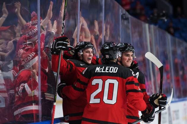 180104 Canada s Drake Batherson Michael McLeod and Dante Fabbro exults after 6 1 minced during ice hockey semifinal Canada pa between JVM and Czech Republic 4 January 2018 in Buffalo  Copyright: JOELxMARKLUND BB180104JM082