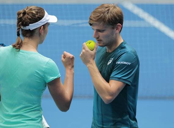 5th January 2018, Perth Arena, Perth, Australia; MasterCard Hopman Cup Tennis; David Goffin and Elise Mertens of Team Belgium talk tactics during the mixed doubles against Canada  ActionPlus11968247