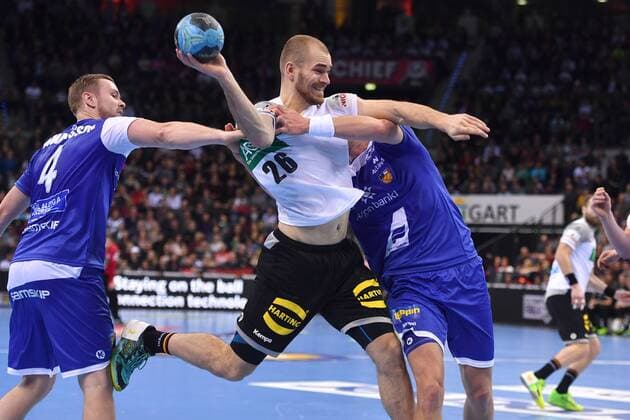 Maximilian JANKE GER action battle against Aron PALMARSSON ISL li and Oelafur GUOMUNDSSON ISL jump shot handball match Germany Iceland on 05 01 2018 P O R S C H E A R E N A Stuttgart