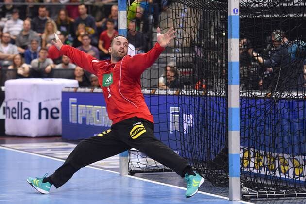Silvio Hamad goalkeeper GER Gets a clean sheet action single action single image cut out full body shot whole figure handball match Germany Iceland on 05 01 2018 P O R S C H E A R E N A Stuttgart
