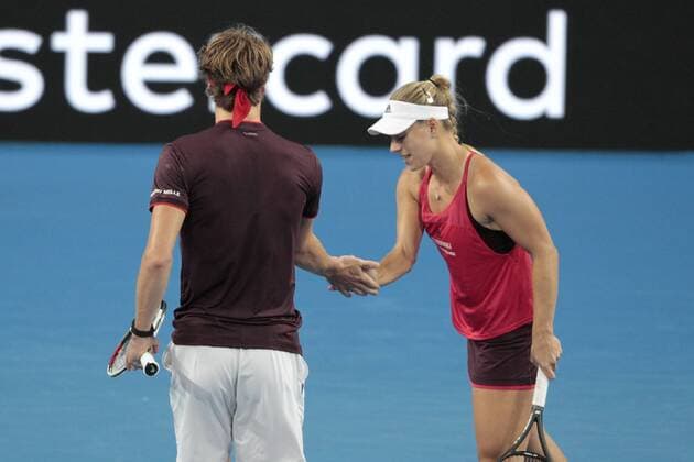 5th January 2018, Perth Arena, Perth, Australia; MasterCard Hopman Cup Tennis; Alexander Zverev and Angelique Kerber of Team Germany touch hands after winning game three of the second set against Australia on day 7 of the Hopman Cup  ActionPlus11968325