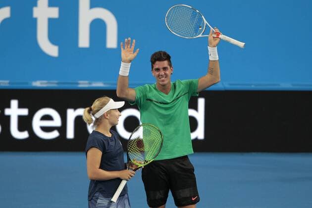 5th January 2018, Perth Arena, Perth, Australia; MasterCard Hopman Cup Tennis; Thanasi Kokkinakis of Team Australia says sorry to Angelique Kerber of Team Germany after he hit her with the ball during the third set of the mixed doubles on day 7 of the Hopman Cup  ActionPlus11968329