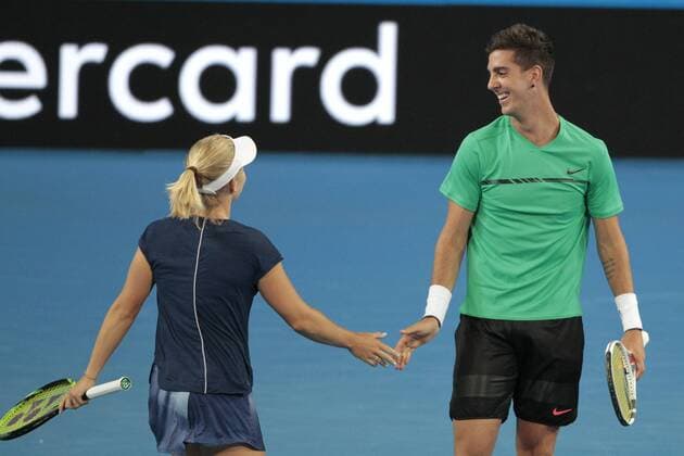 5th January 2018, Perth Arena, Perth, Australia; MasterCard Hopman Cup Tennis; Daria Gavrilova and Thanasi Kokkinakis of Team Australia touch hands after winning a point against Team Germany during the mixed doubles on day 7 of the Hopman Cup  ActionPlus11968342