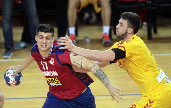 05.01.2018 Belgrade Serbia-FYR Macedonia International Friendly Länderspiel match men s handball Filip Kuzmanovski(r) FYR Macedonia stopped Petar Djordjic(L) Serbia : 