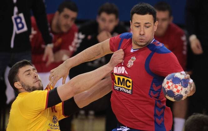 05.01.2018 Belgrade Serbia-FYR Macedonia International Friendly Länderspiel match men s handball Filip Kuzmanovski (L) FYR Macedonia, Marko Vujin (R) Serbia : 