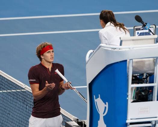 ALEXANDER ZVEREV discussed with Chair umpire Marijana Veljovic SRB frustration anger Team Germany tennis Hopman Cup 2018 ITF Perth arena Perth Western Australia Australia 5 January 2018 Â Copyright: xJuergenxHasenkopfx