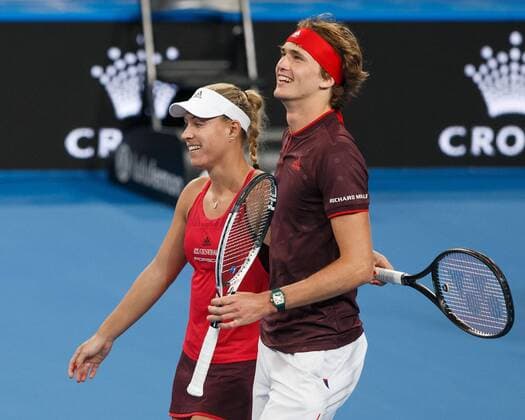 ANGELIQUE KERBER and ALEXANDER ZVEREV forward after their victory joy emotion Team Germany mixed doubles tennis Hopman Cup 2018 ITF Perth arena Perth Western Australia Australia 5 January 2018 Copyright: xJuergenxHasenkopfx
