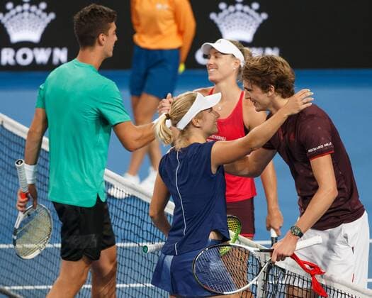 L R DARIA KASATKINA and THANASI KOKKINAKIS congratulate the victors ANGELIQUE KERBER and ALEXANDER ZVEREV Team Germany mixed doubles tennis Hopman Cup 2018 ITF Perth arena Perth Western Australia Australia 5 January 2018 Copyright: xJuergenxHasenkopfx