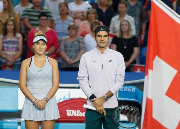 BELINDA BENCIC and ROGER FEDERER team Switzerland mixed doubles final tennis Hopman Cup 2018 ITF Perth arena Perth Western Australia Australia 6 January 2018 Â Copyright: xJuergenxHasenkopfx