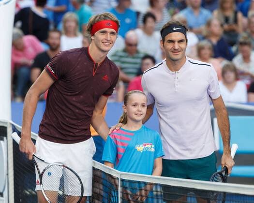 ALEXANDER ZVEREV and ROGER FEDERER poses on the net final tennis Hopman Cup 2018 ITF Perth arena Perth Western Australia Australia 6 January 2018 Â Copyright: xJuergenxHasenkopfx
