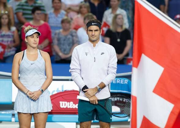 BELINDA BENCIC and ROGER FEDERER team Switzerland mixed doubles final tennis Hopman Cup 2018 ITF Perth arena Perth Western Australia Australia 6 January 2018 Â Copyright: xJuergenxHasenkopfx