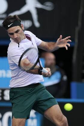 6th January 2018, Perth Arena, Perth, Australia; MasterCard Hopman Cup Tennis Final; Roger Federer of Team Switzerland plays a forehand shot during match point in the third set against Alexander Zverev of Team Germany  ActionPlus11968549