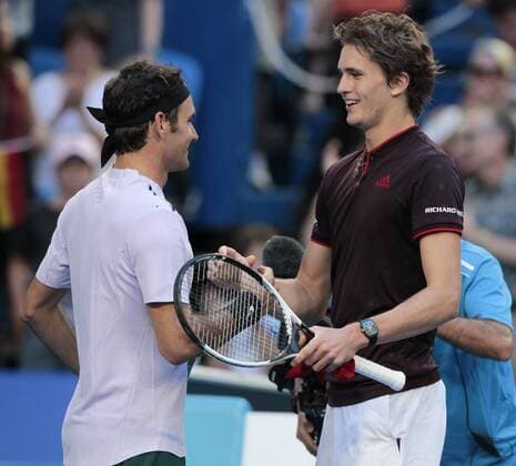 6th January 2018, Perth Arena, Perth, Australia; MasterCard Hopman Cup Tennis Final; Alexander Zverev of Team Germany congratulates Roger Federer of Team Switzerland after he won the Final 2 sets to 1  ActionPlus11968552
