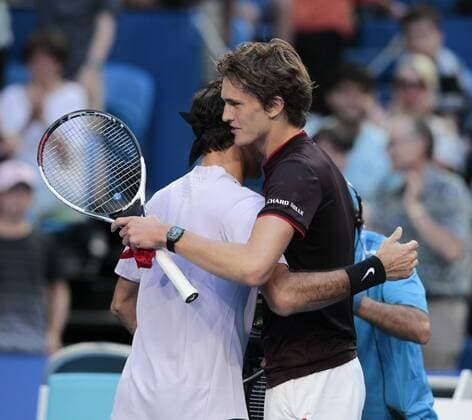 6th January 2018, Perth Arena, Perth, Australia; MasterCard Hopman Cup Tennis Final; Alexander Zverev of Team Germany congratulates Roger Federer of Team Switzerland after he won the Final 2 sets to 1  ActionPlus11968554