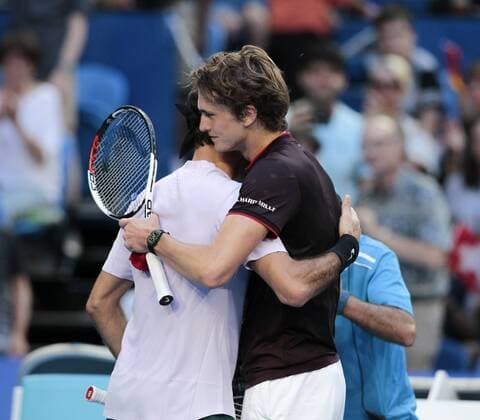 6th January 2018, Perth Arena, Perth, Australia; MasterCard Hopman Cup Tennis Final; Alexander Zverev of Team Germany congratulates Roger Federer of Team Switzerland after he won the Final 2 sets to 1  ActionPlus11968555