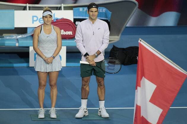 6th January 2018, Perth Arena, Perth, Australia; MasterCard Hopman Cup Tennis Final; Roger Federer and Belinda Bencic of Team Switzerland line up for the Swiss National Anthem before the start of the Final  ActionPlus11968563