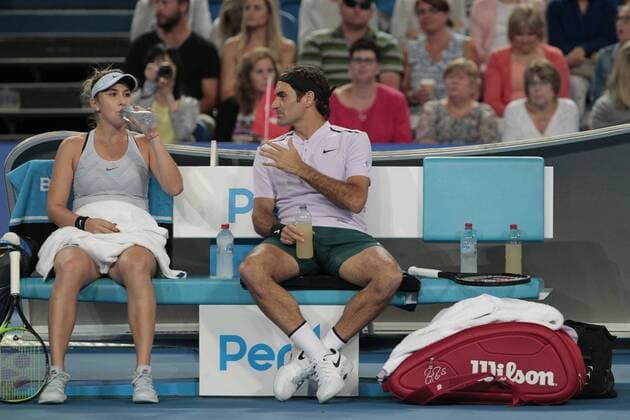 6th January 2018, Perth Arena, Perth, Australia; MasterCard Hopman Cup Tennis Final; Roger Federer and Belinda Bencic of Team Switzerland talk tactics during the mixed doubles against Germany  ActionPlus11968640