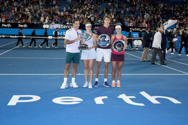 6th January 2018, Perth Arena, Perth, Australia; MasterCard Hopman Cup Tennis Final; Winners Roger Federer and Belinda Bencic of Team Switzerland and Runners up Alexander Zverev and Angelique Kerber of Team Germany pose with their trophies after the Final of the Hopman Cup won by Switzerland  ActionPlus11968642
