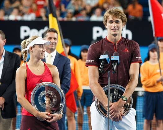 Finalists ANGELIQUE KERBER ALEXANDER ZVEREV with the Cup mixed doubles winners tennis Hopman Cup 2018 ITF Perth arena Perth Western Australia Australia 6 January 2018 Â Copyright: xJuergenxHasenkopfx