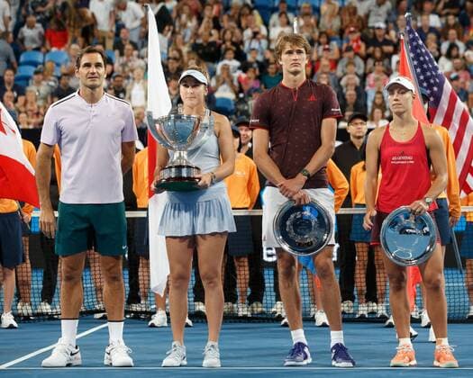Victor BELINDA BENCIC ROGER FEDERER and finalists ANGELIQUE KERBER ALEXANDER ZVEREV mixed doubles winners tennis Hopman Cup 2018 ITF Perth arena Perth Western Australia Australia 6 January 2018 Â Copyright: xJuergenxHasenkopfx