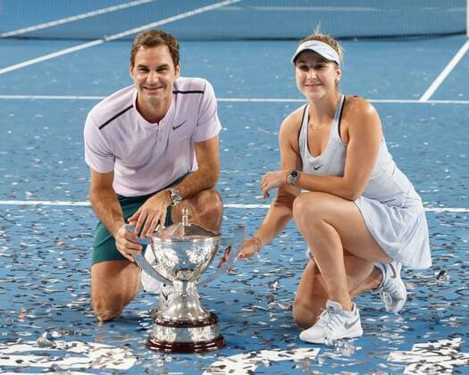 BELINDA BENCIC ROGER FEDERER with the Trophy winner mixed doubles winners tennis Hopman Cup 2018 ITF Perth arena Perth Western Australia Australia 6 January 2018 Â Copyright: xJuergenxHasenkopfx