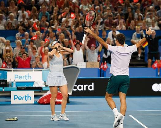 BELINDA BENCIC ROGER FEDERER team Switzerland mixed doubles final tennis Hopman Cup 2018 ITF Perth arena Perth Western Australia Australia 6 January 2018 Â Copyright: xJuergenxHasenkopfx