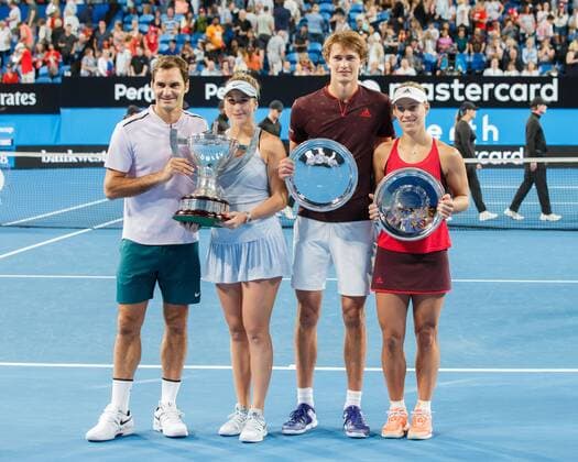 Victor BELINDA BENCIC ROGER FEDERER and finalists ANGELIQUE KERBER ALEXANDER ZVEREV mixed doubles winners tennis Hopman Cup 2018 ITF Perth arena Perth Western Australia Australia 6 January 2018 Â Copyright: xJuergenxHasenkopfx