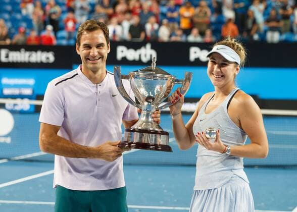 BELINDA BENCIC ROGER FEDERER with the Trophy winner mixed doubles winners tennis Hopman Cup 2018 ITF Perth arena Perth Western Australia Australia 6 January 2018 Â Copyright: xJuergenxHasenkopfx