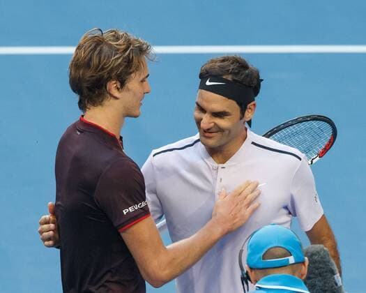 ALEXANDER ZVEREV congratulates the winner ROGER FEDERER team Switzerland mixed doubles final tennis Hopman Cup 2018 ITF Perth arena Perth Western Australia Australia 6 January 2018 Â Copyright: xJuergenxHasenkopfx