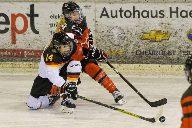 GER Nations Cup 2018 Germany GER vs Canada CAN 06 01 2018 BLZ arena feet GER Nations Cup 2018 Germany GER vs Canada CAN pictured Carina Strobel GER 14 MICAH Zandee hard c 46 nordphotoxHafner nph00200