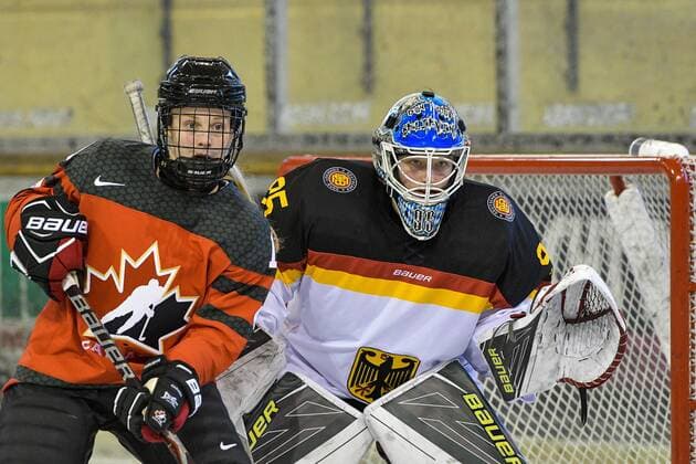GER Nations Cup 2018 Germany GER vs Canada CAN 06 01 2018 BLZ arena feet GER Nations Cup 2018 Germany GER vs Canada CAN in the image of Emma Maltais CAN 11 Franziska Albl GER 95 nordphotoxHafner nph00200
