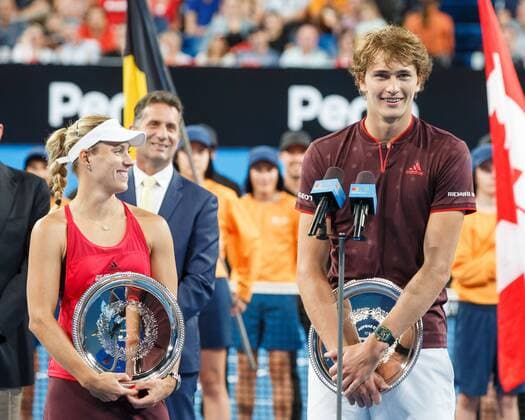 Finalists ANGELIQUE KERBER and ALEXANDER ZVEREV with the Cup gives speech on the MIC mixed doubles winners tennis Hopman Cup 2018 ITF Perth arena Perth Western Australia Australia 6 January 2018 Copyright: xJuergenxHasenkopfx