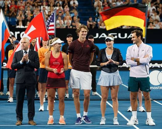 L R tournament director Paul Kilderry Finalisten ANGELIQUE KERBER ALEXANDER ZVEREV and champion BELINDA BENCIC ROGER FEDERER mixed doubles winners tennis Hopman Cup 2018 ITF Perth arena Perth Western Australia Australia 6 January 2018 Â Copyright: xJuergenxHasenkopfx