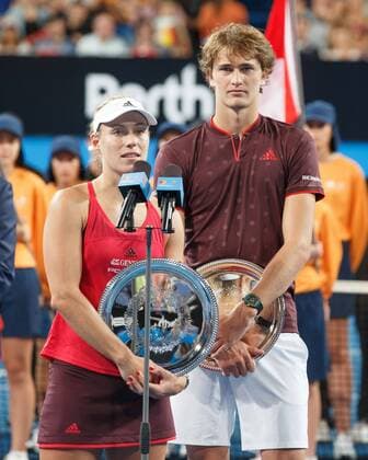 Finalists ANGELIQUE KERBER and ALEXANDER ZVEREV with the Cup gives speech on the MIC mixed doubles winners tennis Hopman Cup 2018 ITF Perth arena Perth Western Australia Australia 6 January 2018 Copyright: xJuergenxHasenkopfx