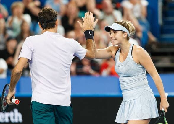 BELINDA BENCIC ROGER FEDERER team Switzerland mixed doubles final tennis Hopman Cup 2018 ITF Perth arena Perth Western Australia Australia 6 January 2018 Â Copyright: xJuergenxHasenkopfx