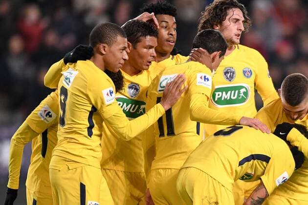Fußball, Coupe de France, Stade Rennes - Paris St. Germain 29 KYLIAN MBAPPE (psg) - 03 PRESNEL KIMPEMBE (psg) - 02 THIAGO SILVA (psg) - 25 ADRIEN RABIOT (psg) - JOIE FOOTBALL : Rennes vs Paris SG - Coupe de France - 07 01 2018 AnthonyBIBARD FEP Panoramic 