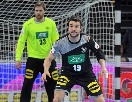 New Ulm ratiopharm arena 7 1 2018 men handball friendly international match Germany Iceland Bastian Roschek SC DHfK Leipzig Germany in defence behind of ANDREAS WOLFF THW KIEL Germany