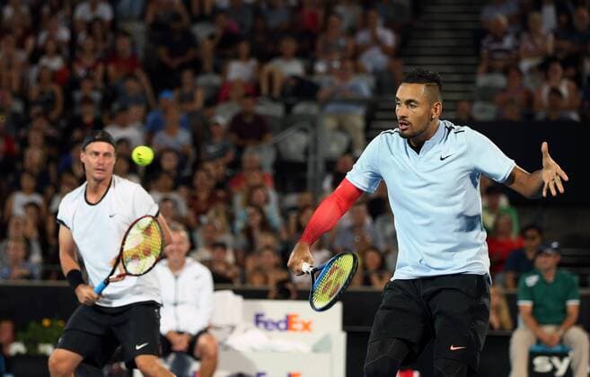 (180108) -- SYDNEY, Jan. 8, 2018 -- Nick Kyrgios(R) Lleyton Hewitt compete during the FAST4 of Sydney international match Länderspiel between Nick Kyrgios Lleyton Hewitt of Australia and Grigor Dimitrov of Bulgaria Alexander Zverev of Germany in Sydney, Australia, on Jan. 8, 2018. Nick Kyrgios Lleyton Hewitt won 2-1.) (SP)AUSTRALIA-SYDNEY-TENNIS-FAST4 BaixXuefei 