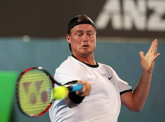 (180108) -- SYDNEY, Jan. 8, 2018 -- Lleyton Hewitt of Australia hits a return during the FAST4 of Sydney International against Grigor Dimitrov of Bulgaria in Sydney, Australia, on Jan. 8, 2018. Hewitt lost 0-2.) (SP)AUSTRALIA-SYDNEY-TENNIS-FAST4-HEWITT VS DIMITROV BaixXuefei 