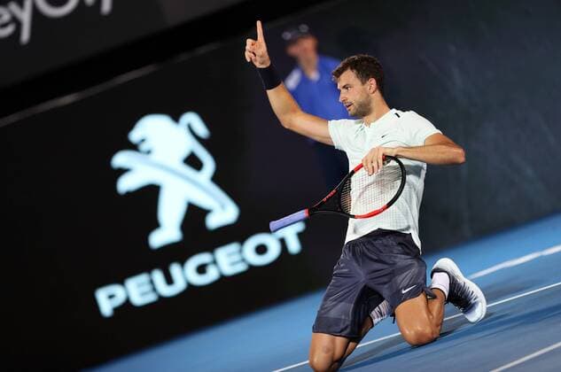 (180108) -- SYDNEY, Jan. 8, 2018 -- Grigor Dimitrov of Bulgaria reacts during the FAST4 of Sydney International against Lleyton Hewitt of Australia in Sydney, Australia, on Jan. 8, 2018. Dimitrov won 2-0.) (SP)AUSTRALIA-SYDNEY-TENNIS-FAST4-HEWITT VS DIMITROV BaixXuefei 