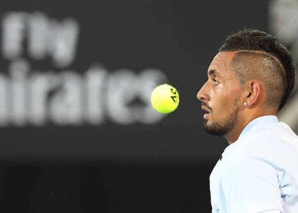 (180108) -- SYDNEY, Jan. 8, 2018 -- Nick Kyrgios competes during the FAST4 of Sydney international match Länderspiel between Nick Kyrgios Lleyton Hewitt of Australia and Grigor Dimitrov of Bulgaria Alexander Zverev of Germany in Sydney, Australia, on Jan. 8, 2018. Nick Kyrgios Lleyton Hewitt won 2-1.) (SP)AUSTRALIA-SYDNEY-TENNIS-FAST4 BaixXuefei 