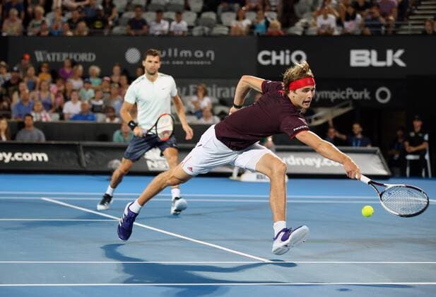 (180108) -- SYDNEY, Jan. 8, 2018 -- Grigor Dimitrov Alexander Zverev(R) compete during the FAST4 of Sydney international match Länderspiel between Nick Kyrgios Lleyton Hewitt of Australia and Grigor Dimitrov of Bulgaria Alexander Zverev of Germany in Sydney, Australia, on Jan. 8, 2018. Nick Kyrgios Lleyton Hewitt won 2-1.) (SP)AUSTRALIA-SYDNEY-TENNIS-FAST4 BaixXuefei 