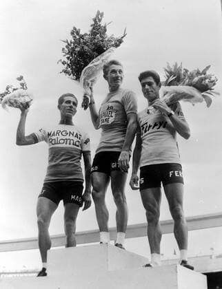 TOUR DE FRANCE CYCLIST RACE WINNERS - JACQUES ANQUETIL, FREDERICO BAHAMONTES AND J PEREZ FRANCES IN PARIS ; 15 JULY 1963, Copyright: Topfoto  UnitedArchivesIPU460316