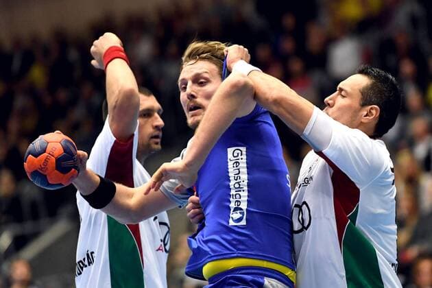 180108 Sweden s Jesper Nielsen and Hungary s Timuzsin Schuch in training international handball team between Sweden and Hungary on 8 January 2018 in Partille  Copyright: CARLxSANDIN BB180108CS004