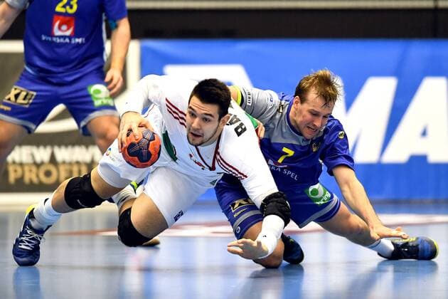 180108 Hungary s Bence Banhidi and Sweden s Max Darj during training the international handball team between Sweden and Hungary on 8 January 2018 in Partille  Copyright: CARLxSANDIN BB180108CS008