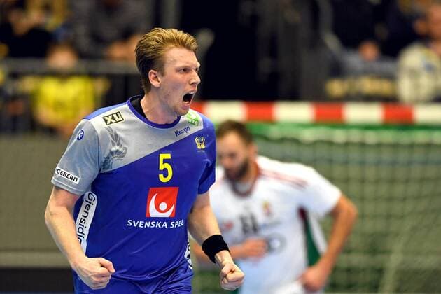 180108 Sweden s Simon J exults during training the international handball team between Sweden and Hungary on 8 January 2018 in Partille  Copyright: CARLxSANDIN BB180108CS034