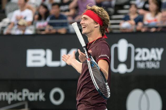 SYDNEY, NSW - JANUARY 8: Alexander Zverev (GER) laughs at the FAST4 Tennis Showdown game between Alexander Zverev (GER) and Nick Kyrgios (AUS) on Ken Rosewall Arena at The Sydney Tennis Centre in Sydney on January 08, 2018. (Photo by Steven Markham Icon Sportswire) TENNIS: JAN 08 The FAST4 Tennis Tournament Showdown Icon18010800954 EDITORIAL USE ONLY